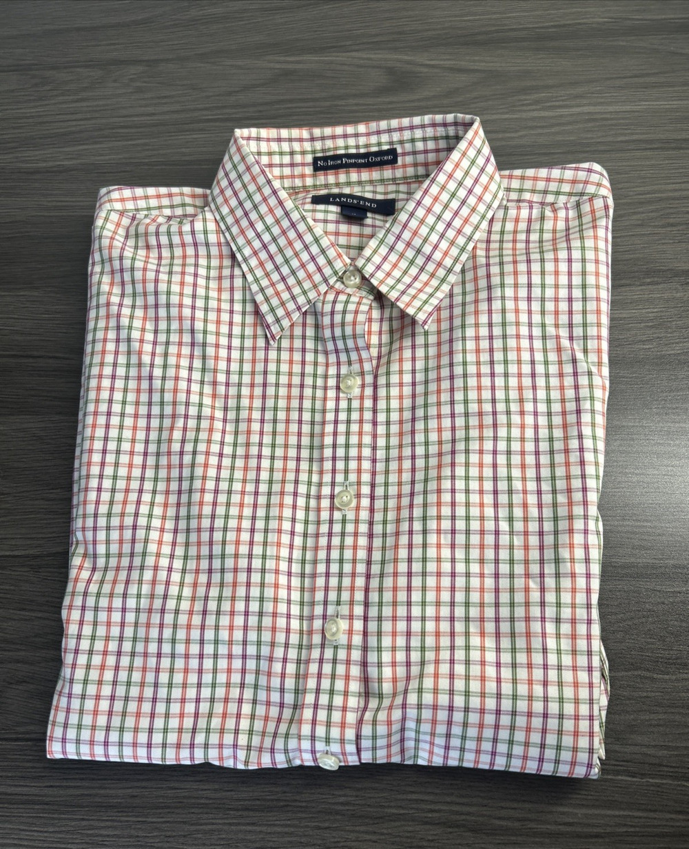 Lands End Womens Sze 14 Orange Green White Button Down Shirt No Iron Cotton